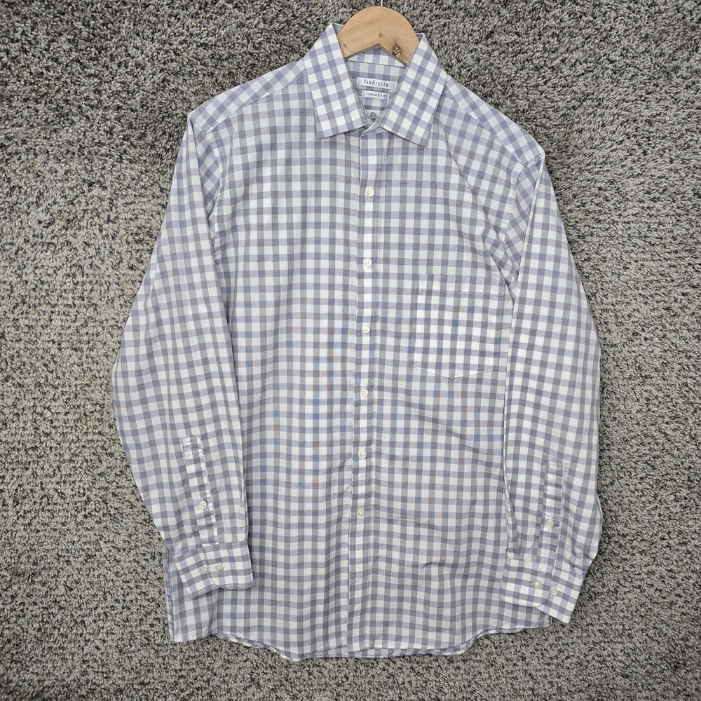 Van Heusen Dress Shirt Men 15.5 32/33 Gray Plaid Button Classic Fit Wrinkle Free
